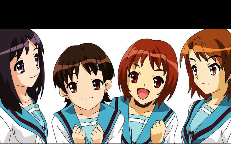 four anime girls in school uniforms