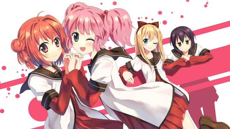 four anime girls in school uniforms