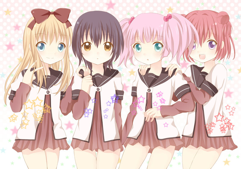 four anime girls in school uniforms