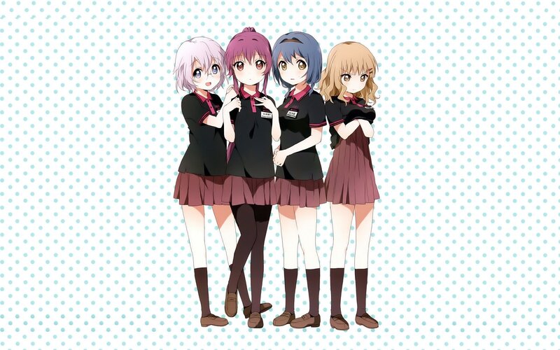 four anime girls in school uniforms