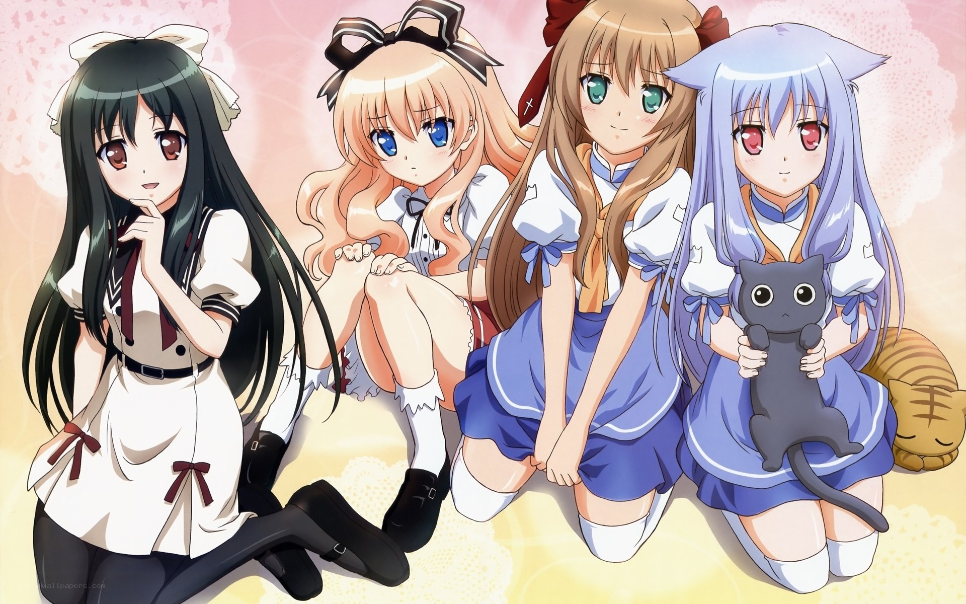 four anime girls in school uniforms
