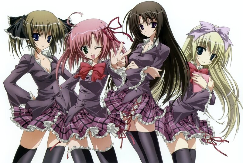 four anime girls in school uniforms