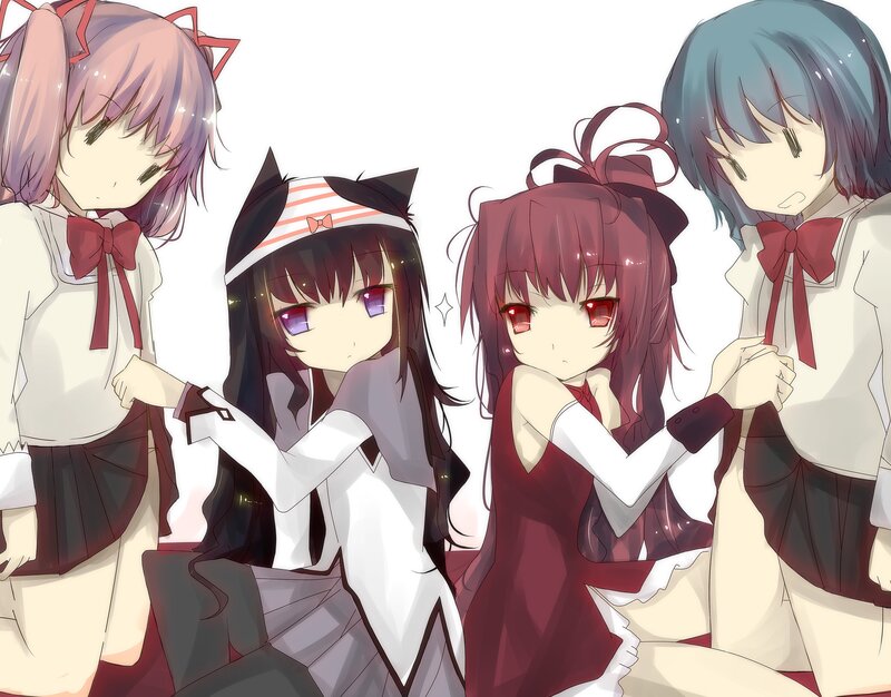 four anime girls in school uniforms