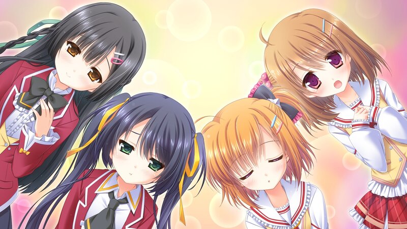 four anime girls in school uniforms