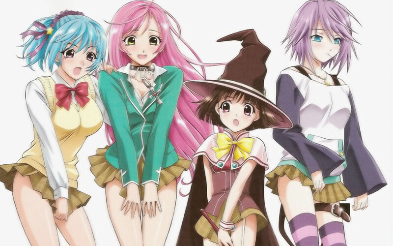 four anime girls in school uniforms
