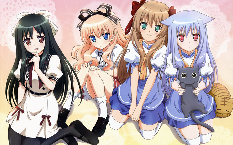four anime girls in school uniforms