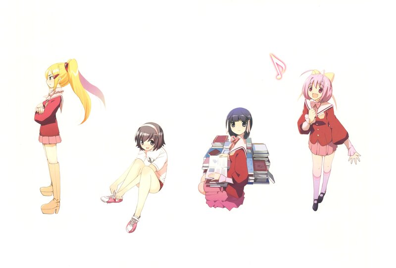 four anime girls in school uniforms