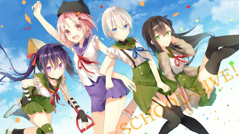 Four Anime Girls in School Uniforms — Blue, Cheerful, Afternoon