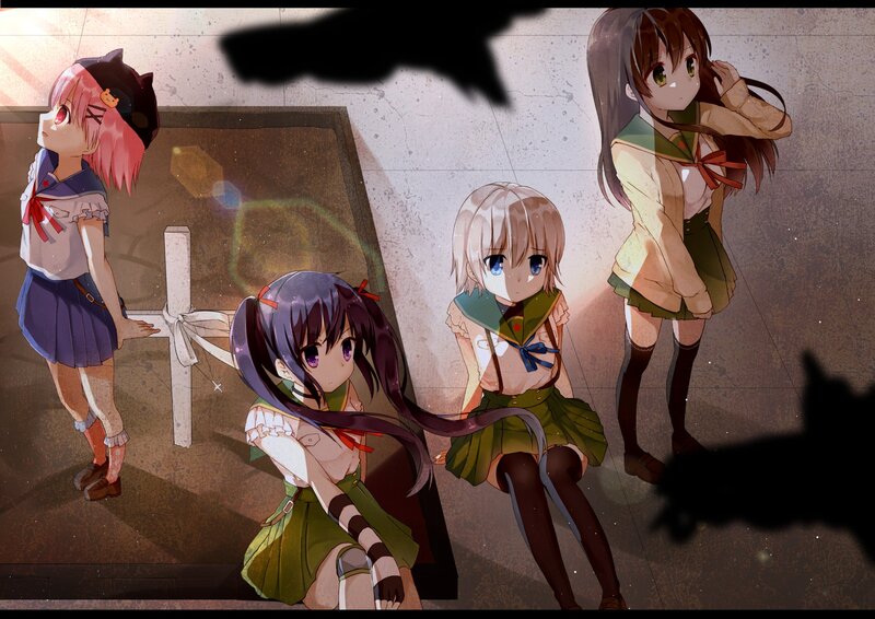 Four Anime Girls in School Uniforms — Green, Dramatic