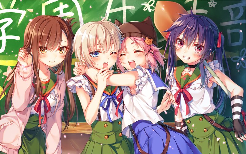Four Anime Girls in School Uniforms — Green, Playful