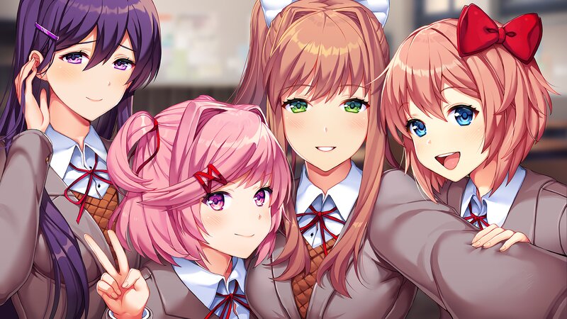 Four Anime Girls in School Uniforms — Pink, Cheerful, School Uniform