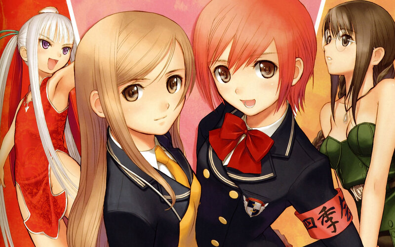Four Anime Girls in School Uniforms — Red, Friendly