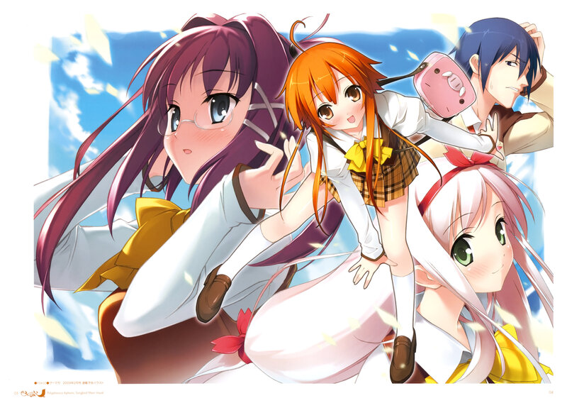 Four Anime Girls in School Uniforms — White, Cheerful, Afternoon