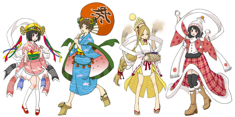 Four anime girls in seasonal outfits