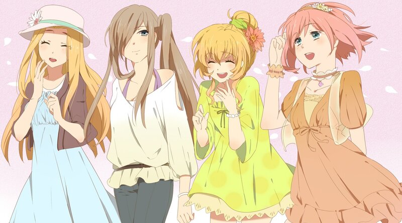 four anime girls in spring outfits