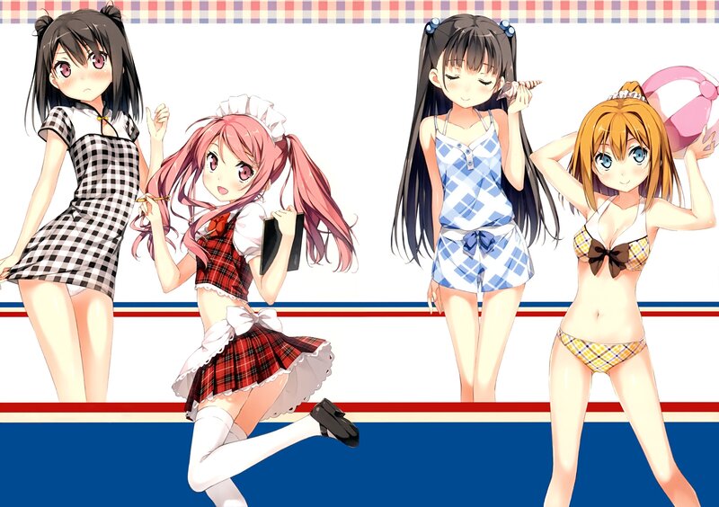 Four Anime Girls in Swimsuits — Blue, Playful, Summer, Bikini