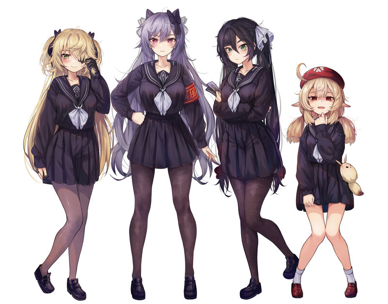 Four Anime Girls in Uniforms — Black, Neutral, School Uniform, Cat Ears