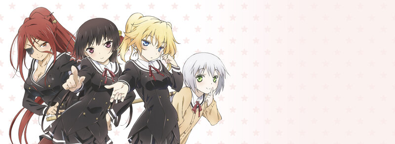 Four Anime Girls in Uniforms — Black, Playful, School Uniform, Swords