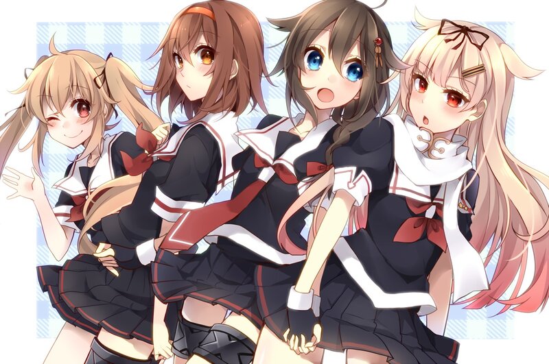 Four Anime Girls in Uniforms — Black, Playful, School Uniform