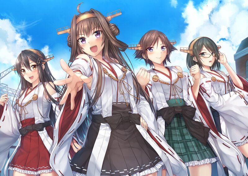 Four Anime Girls in Uniforms — Blue, Cheerful, Afternoon, Blue Sky
