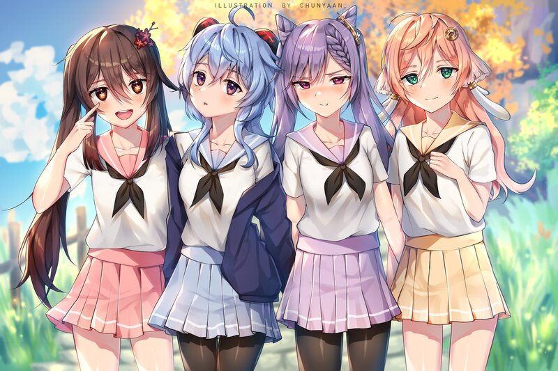Four Anime Girls in Uniforms — Blue, Cheerful, Afternoon, School Uniform, Cat Ears