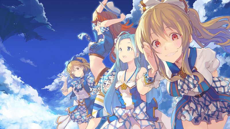 Four Anime Girls in Uniforms — Blue, Cheerful, Afternoon, Sky