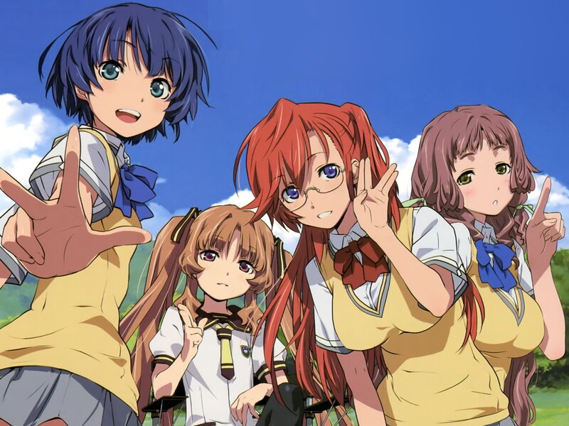 Four Anime Girls in Uniforms — Blue, Cheerful, Afternoon