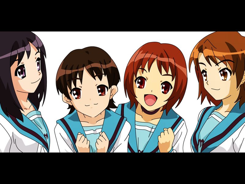 Four Anime Girls in Uniforms — Blue, Cheerful, School Uniform, Sailor Collar