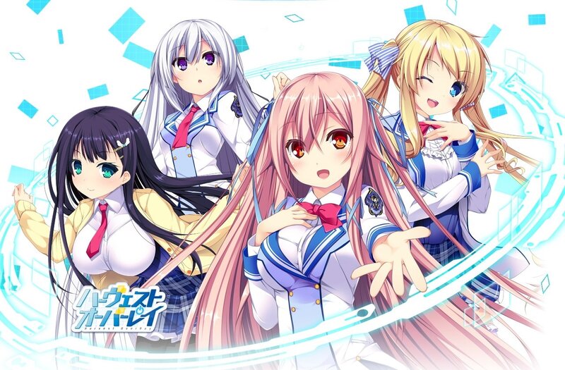 Four Anime Girls in Uniforms — Blue, Cheerful, School Uniform