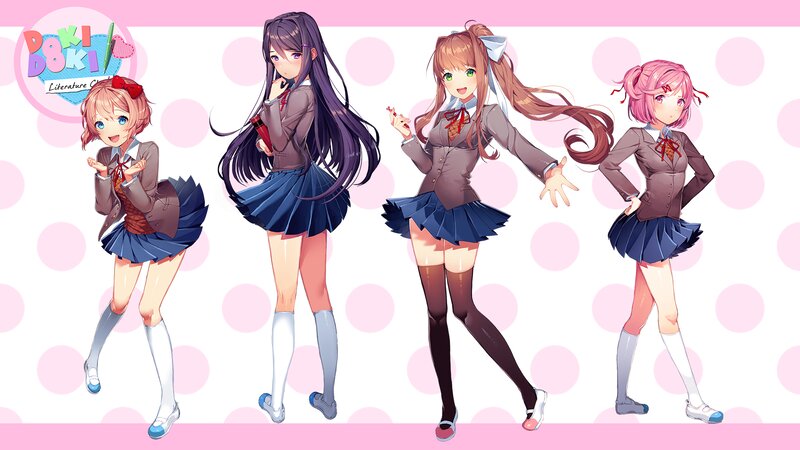 Four Anime Girls in Uniforms — Pink, Playful, School Uniform