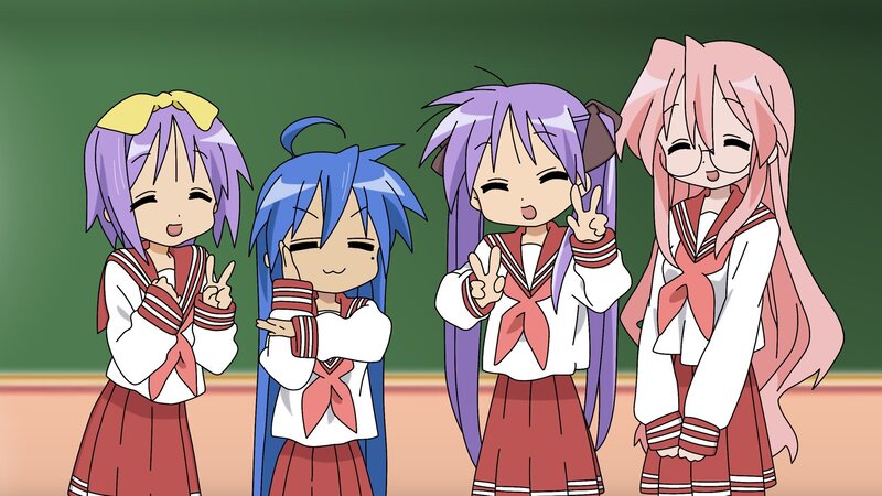 Four Anime Girls in Uniforms — Purple, Cheerful, School Uniform