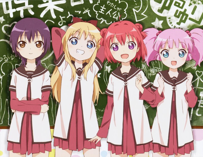 Four Anime Girls in Uniforms — White, Cheerful, School Uniform, Chalkboard