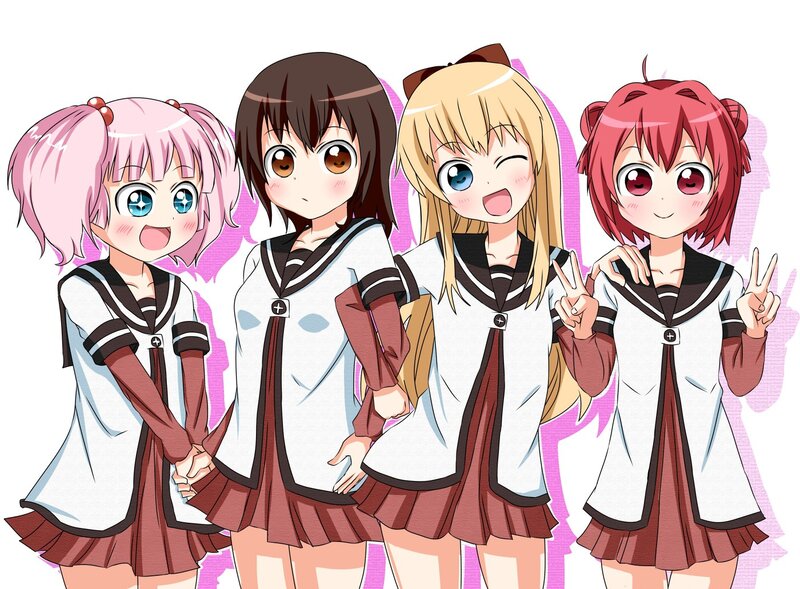 Four Anime Girls in Uniforms — White, Cheerful, School Uniform, Pigtails