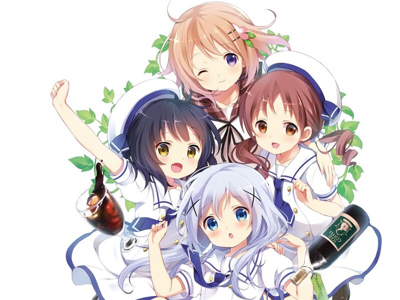 Four Anime Girls in Uniforms — White, Cheerful, Wine Bottle