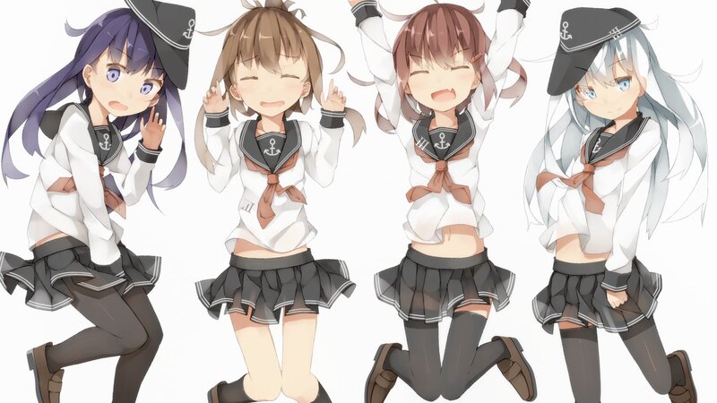 Four Anime Girls in Uniforms — White, Playful, Anime Characters