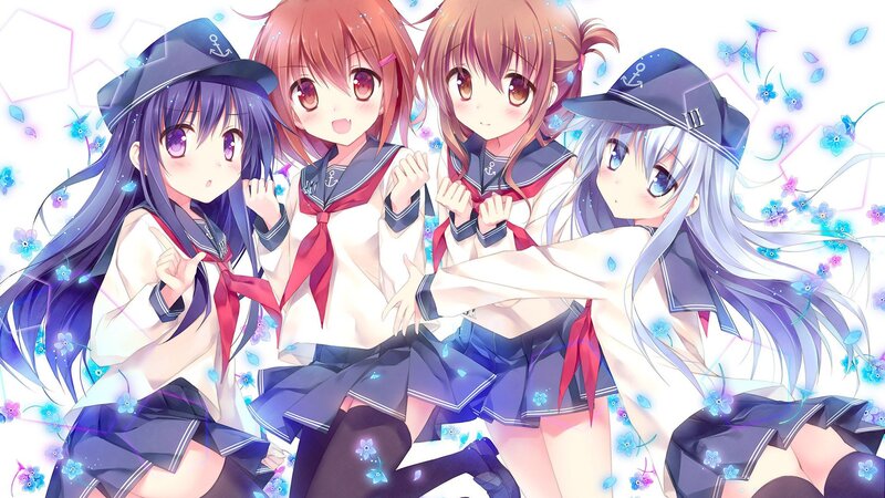Four Anime Girls in Uniforms — White, Playful, School Uniform, Flowers