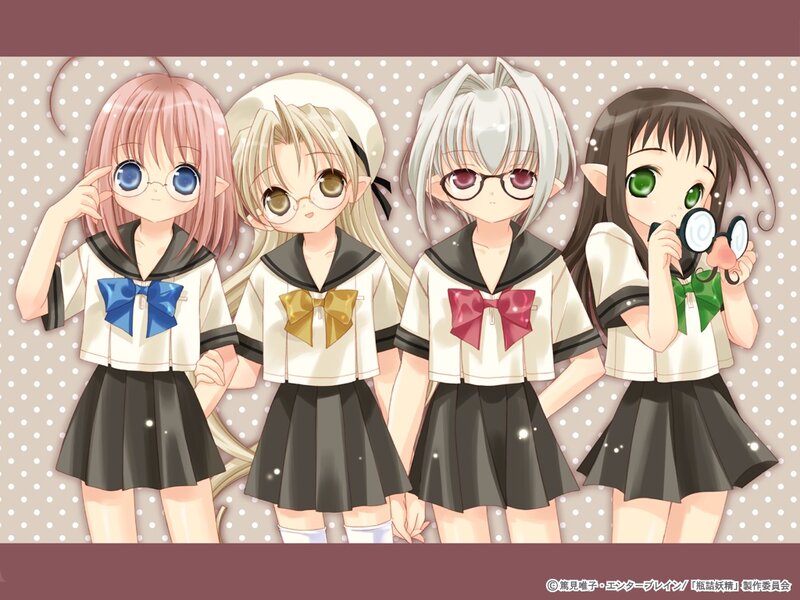 Four Anime Girls in Uniforms — White, Playful, School Uniform, Glasses