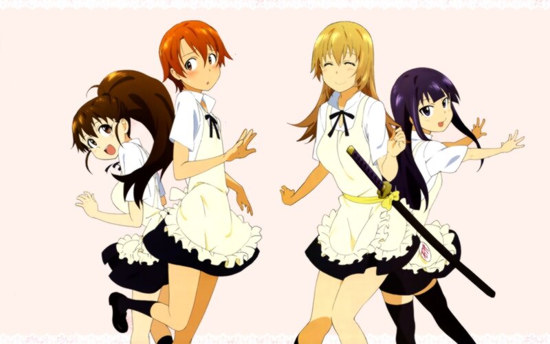 Four Anime Girls in Uniforms — White, Playful, School Uniform, Sword