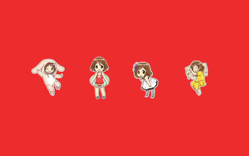 four anime girls in various outfits