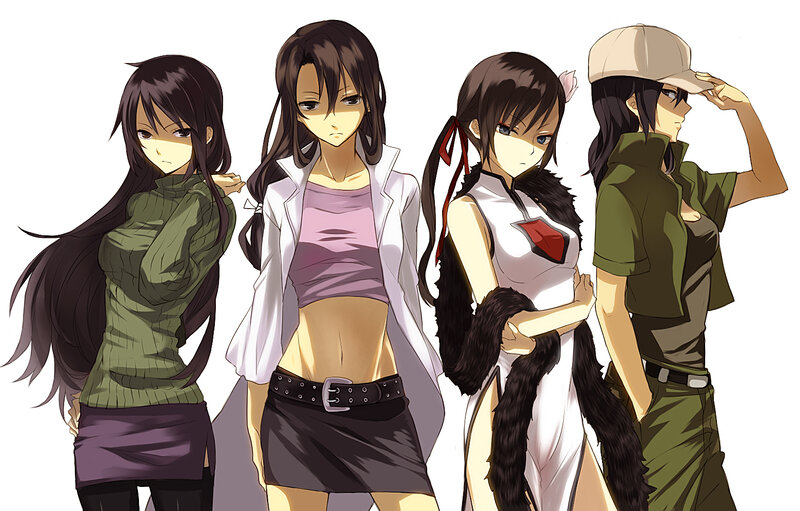 four anime girls in various outfits