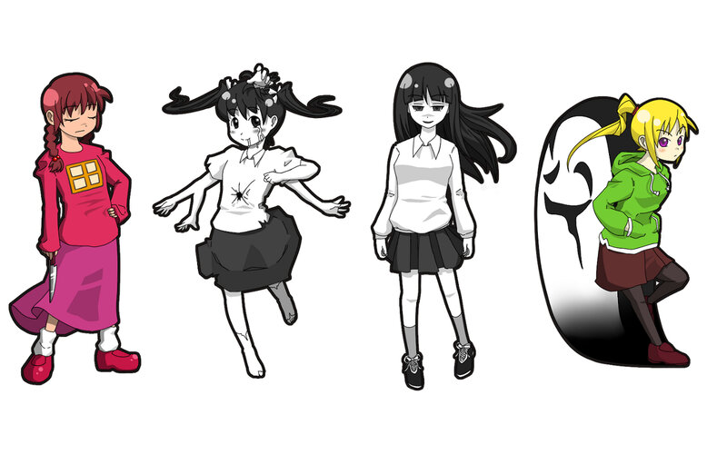 Four anime girls in various poses