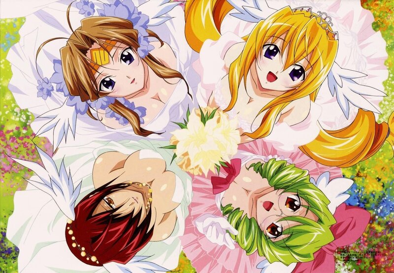 Four anime girls in wedding attire