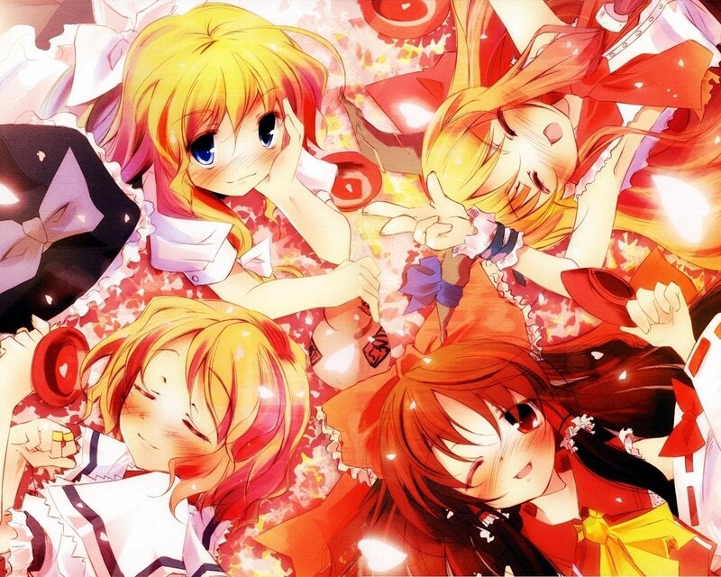Four Anime Girls Lying Down — Red