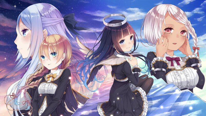 Four anime girls on a celestial staircase