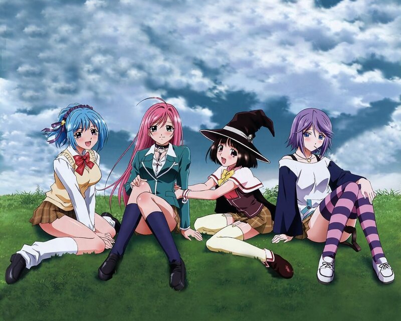 Four anime girls on a grassy field