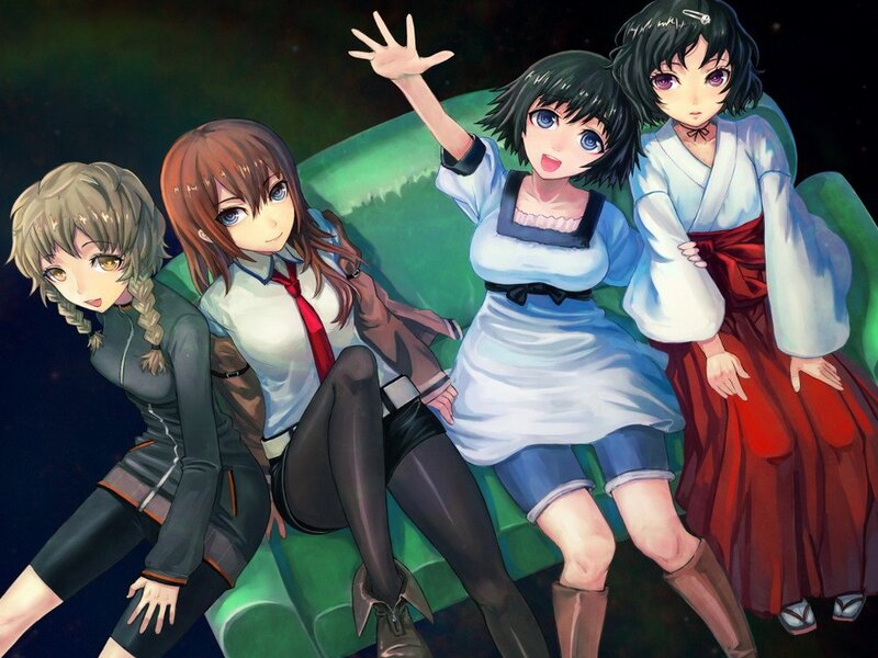 four anime girls on a green couch
