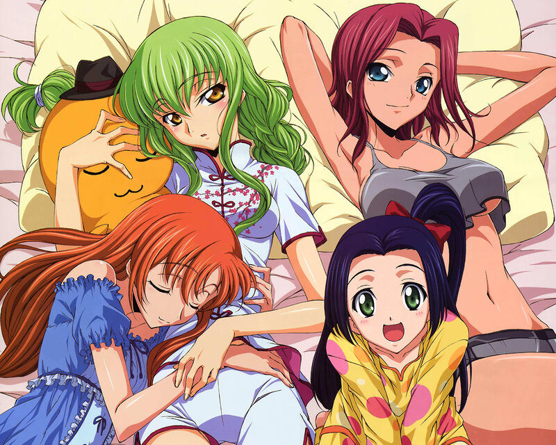 Four Anime Girls on Bed — Green