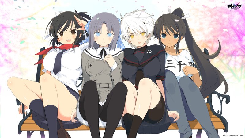 Four Anime Girls on Bench — White
