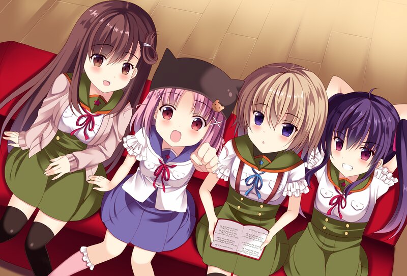 Four Anime Girls on Couch — Red, Playful