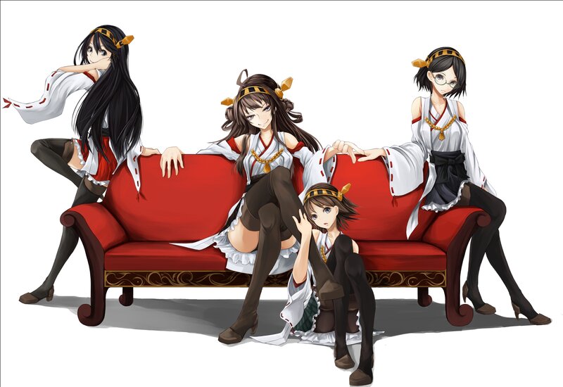 Four Anime Girls on Couch — Red